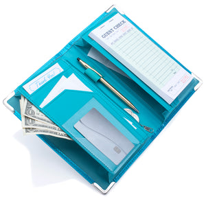 Sonic Server 11-Pocket Holographic 5x8 Server Book Organizer with Double Magnetic Pockets, Zipper Pouch & Pen Holder for Waitress or Waiter | Holographic Tropical Blue/Teal