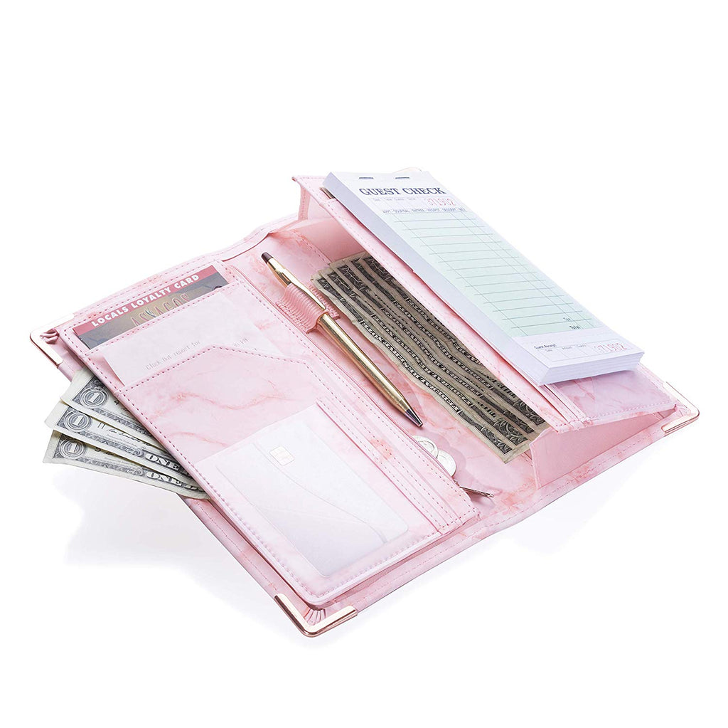Sonic Server 11-Pocket 5x9 Server Book Organizer with Double Magnetic Pockets, Zipper Pouch & Pen Holder for Waitress Waiter Waitstaff | Marble Millennial Pink | Fits Apron Holds Guest Checks