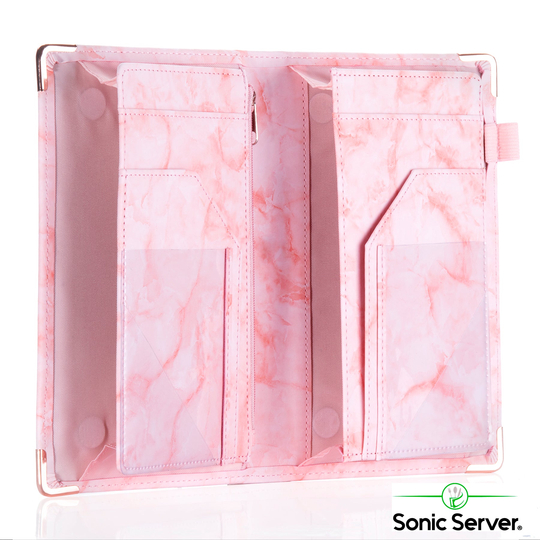 Sonic Server 5x8 Marble Server Book Organizer with Magnetic Pockets, Zipper Pouch & Pen Holder for Waitress Waiter Waitstaff in Millennial Pink Color