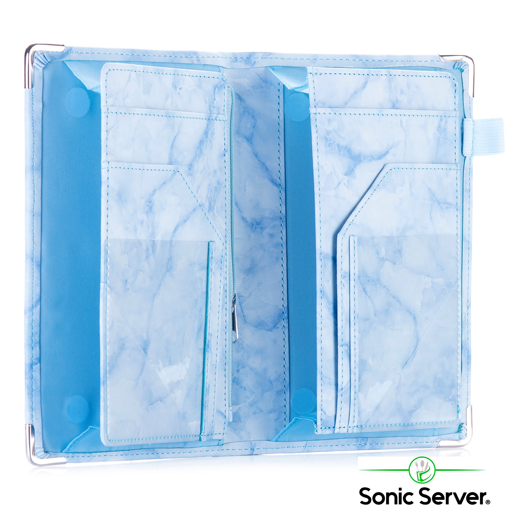 Sonic Server 5x8 Marble Server Book Organizer with Magnetic Pockets, Zipper Pouch & Pen Holder for Waitress Waiter Waitstaff in Baby Blue Color