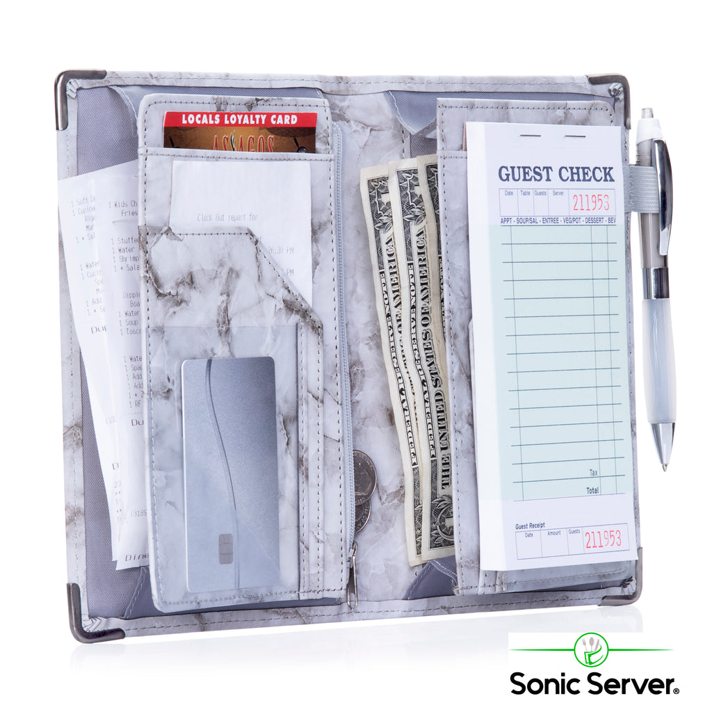 Sonic Server 5x8 Marble Server Book Organizer with Magnetic Pockets, Zipper Pouch & Pen Holder for Waitress Waiter Waitstaff in Black Color