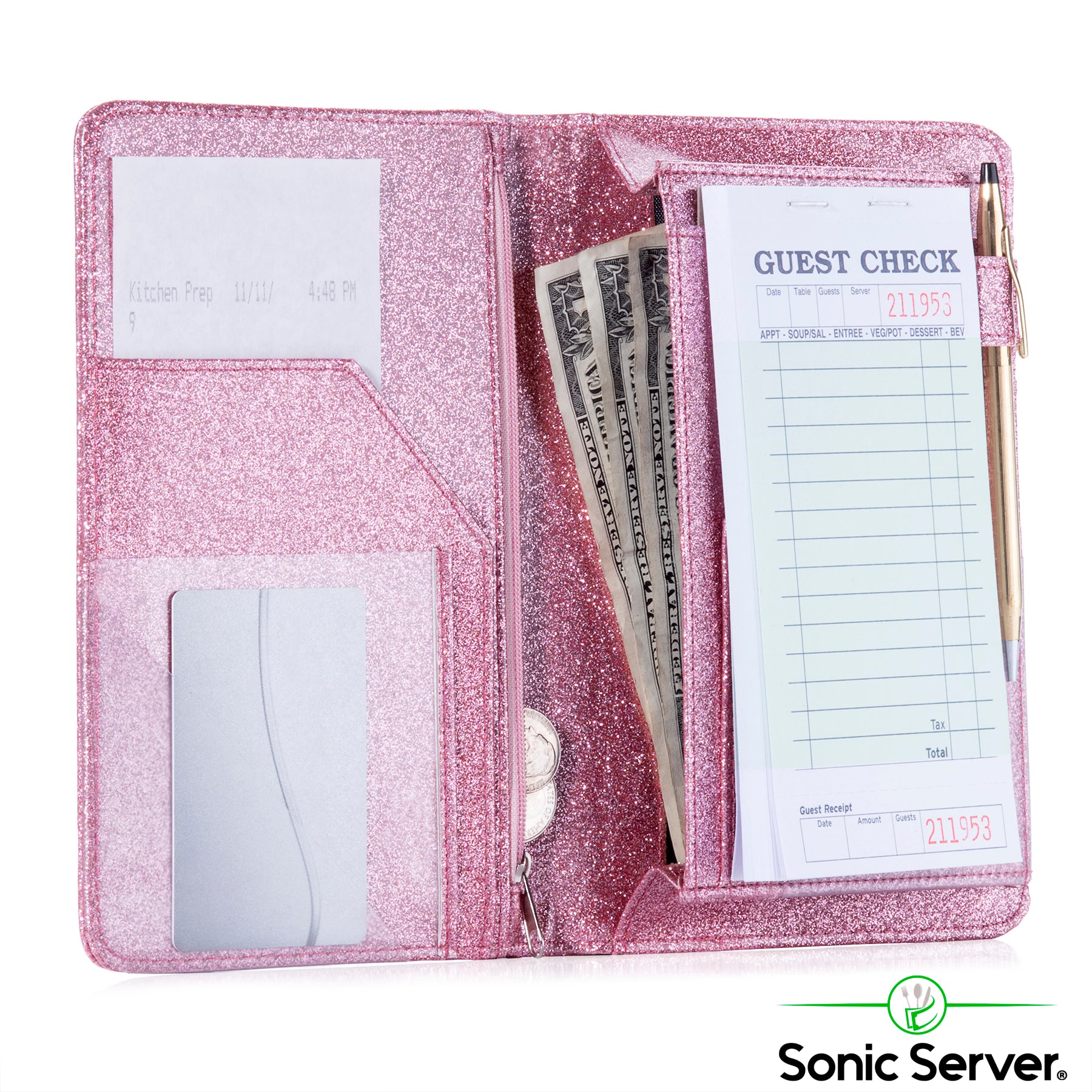 Sonic Server 5x8 Pink Glitter Server Book with Magnetic Pocket for Waitresses and Waiters
