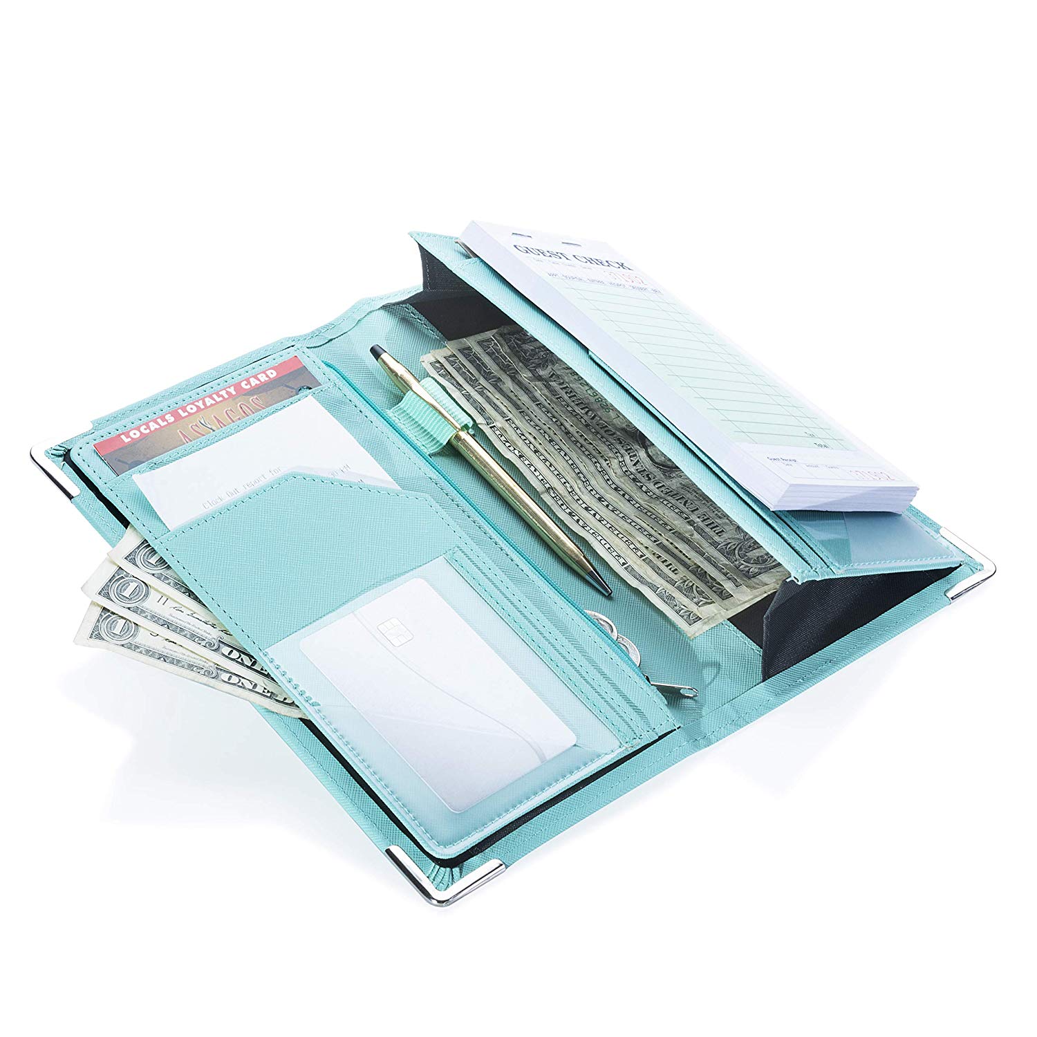 Sonic Server 5x9 11-Pocket Server Book Organizer with Double Magnetic Pockets, Zipper Pouch & Pen Holder for Waitress Waiter Waitstaff | Cross-Textured Teal | Fits Apron Holds Guest Checks